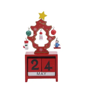 Decorative wooden Christmas tree perpetual calendar with red date blocks for desktop display