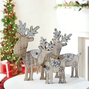 Set of 3 rustic wooden Christmas reindeer figurines for festive tabletop decor