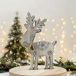 Elegant rustic wooden Christmas reindeer ornament for festive home tabletop holiday decoration