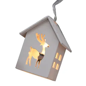 Festive Christmas white wooden house string light with reindeer cutout and warm LED glow