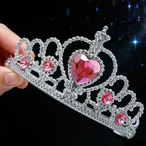 Elegant silver princess tiara with pink heart-shaped gems for children's costume