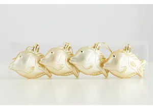 Set of four gold fish-shaped Christmas tree ornaments with glitter details in clear box