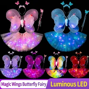 LED Leuchtend Schmetterling Flügel Kostüm Set Für Mädchen Kinder Fee Prinzessin Flügel Zauberstab Stirnband Stern Pailletten Tutu Rock Party