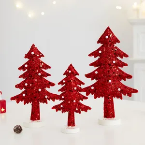 Lot de trois sapins de Noël 3D en non-tissé rouge avec paillettes pour décoration