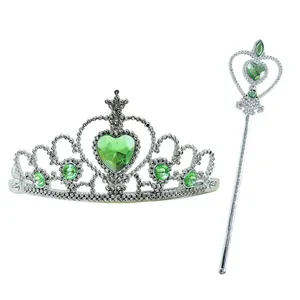 Silver princess tiara and magic wand set featuring green heart-shaped gems for costumes