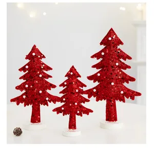Set of three decorative red sequined Christmas trees with elegant white pearl accents