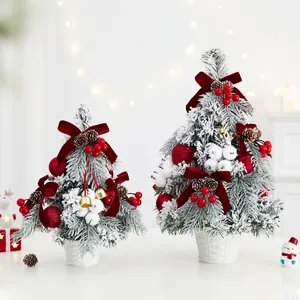 Flocked Desktop Christmas Tree Decoration With LED Light Warm Glow Red Bow Pine Cones Mini Snowy Tree For Xmas Party Table Decor
