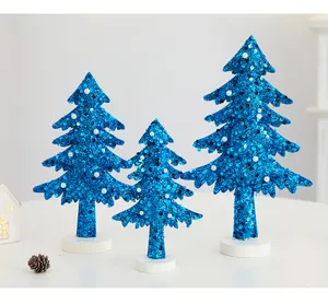 Set of 3 blue sequined 3D Christmas tree ornaments with glitter and pearl details.