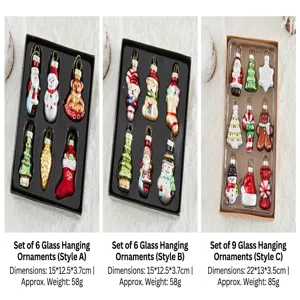 Assortiments de suspensions de Noël en verre avec dimensions et poids pour styles A, B, C.