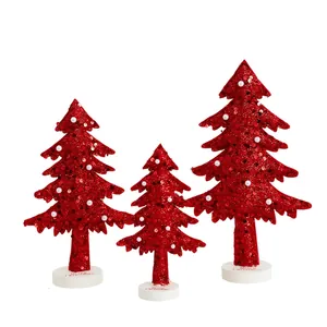 Set of three glittery red non-woven 3D Christmas trees for tabletop holiday decoration.