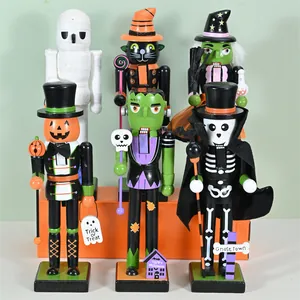 Set of 6 wooden Halloween nutcracker figures including witch and pumpkin man