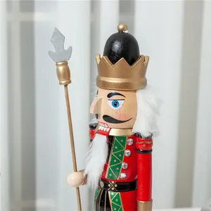 Detailed close-up view of a traditional wooden Christmas nutcracker soldier puppet with spear