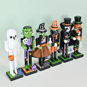 Set of 6 wooden Halloween nutcracker figurines featuring spooky character designs