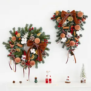 Artificial Christmas Wreath Teardrop Swag With LED Lights Wine Red Velvet Bow Natural Pine Cones For Front Door Wall Window Xmas Decoration Home Decor