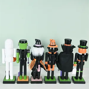 Set of 6 handcrafted wooden Halloween nutcrackers back view decorative holiday ornaments