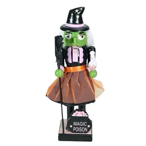 25CM wooden Halloween witch nutcracker soldier figurine for spooky holiday home table decoration