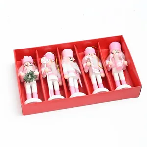 Set of five pink and white 13cm wooden nutcracker soldier ornaments for Christmas decoration