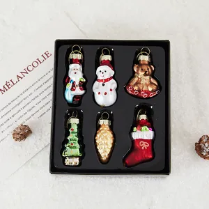 Sechsteiliges Set festlicher Glas-Weihnachtsschmuck mit Weihnachtsmann und Schneemann