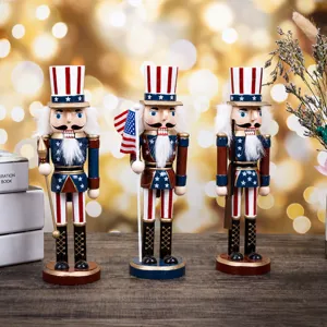 Detail shot of three 25cm wooden Uncle Sam nutcracker soldiers for Christmas decor.