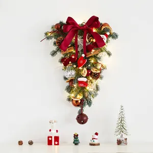 Festive Christmas light-up inverted wreath with wine red bow and pinecone decor