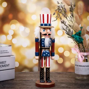 Detailed view of a 25cm American flag themed wooden Nutcracker soldier puppet