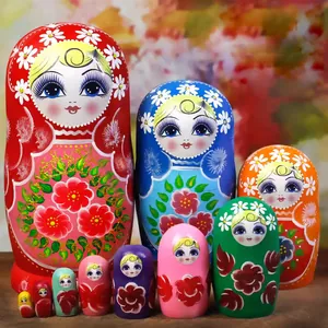 Traditionelle handbemalte russische Matroschka-Puppen aus Holz, 10-teiliges Blumendesign