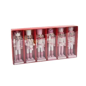 Set van 6 roze houten notenkraker soldaatjes in rode geschenkdoos voor kerstdecoraties