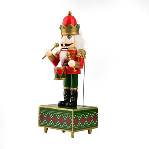 Detailed macro view of a traditional 32cm hand-painted wooden nutcracker music box