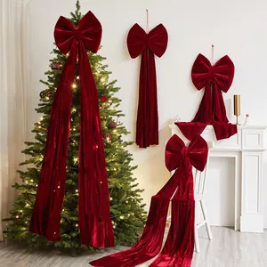 Grande Fiocco di Natale in Tessuto Floccato Decorazione Per Punta dell'Albero Nastro Rosso Velluto Per Hotel Festa Scena Ornamento Sospeso