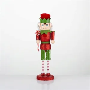 Detailed view of 38cm wooden Christmas elf nutcracker with red glitter and candy cane