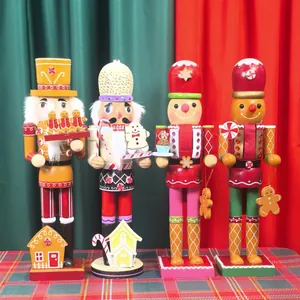 Set of four 35cm gingerbread themed Christmas wooden nutcracker soldier puppets decor