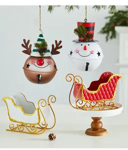 Festive Christmas iron sleigh ornaments and hanging character bells in a cozy indoor setting
