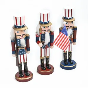 Set of three 25cm wooden Uncle Sam nutcracker soldier figurines for Christmas decor