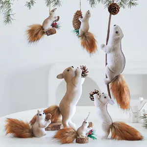 Simulation Squirrel Christmas Tree Ornaments Realistic Plush Foam Squirrel Hanging Pendant with Pine Cones for Holiday Party Decor