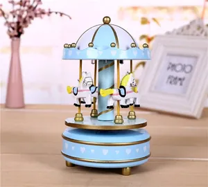 Detailed view of a light blue carousel music box featuring three rotating white horses.
