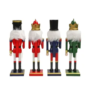 Back view of four 25cm classic wooden nutcracker soldier figurines for Christmas holiday decor