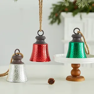 Vintage Iron Christmas Bell Hanging Ornament Hammered Texture Metal Bell For Tree Fireplace Home Holiday Party Decoration