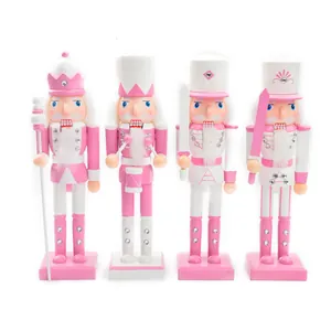 Elegant set of four 38cm pink and white wooden nutcracker soldiers for Christmas home decor