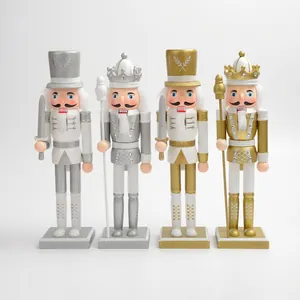 Traditional Christmas Nutcracker Wooden Soldier King Ornament Gold Silver White Metallic Finish Holiday Home Office Decor