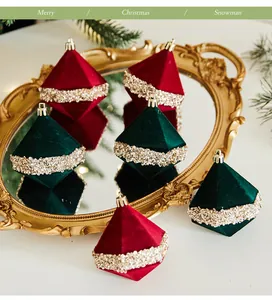 Exquisite detail of velvet diamond-shaped Christmas ornaments with golden sequin accents