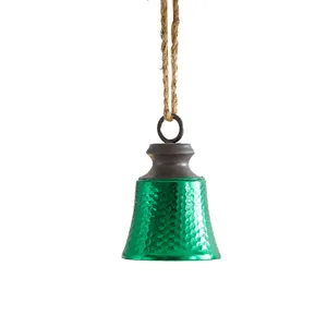 Green hammered iron Christmas bell hanging ornament with hemp rope for festive tree decoration
