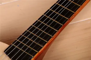 Gros plan détaillé de la touche en bois de la guitare avec frettes et cordes en métal