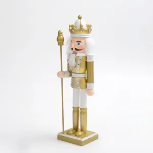 Detailed side view of 30cm gold and white wooden nutcracker soldier holding a scepter
