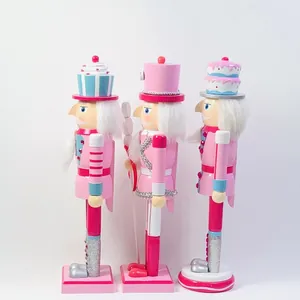 Three 39cm pink pastel nutcracker soldier wooden puppets for Christmas party home decor