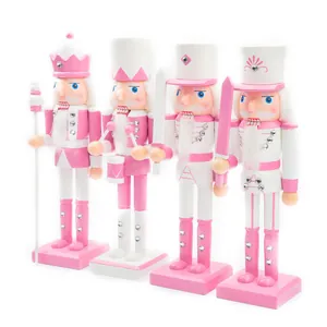 Set of four 38cm pink and white wooden nutcracker soldiers for Christmas decor