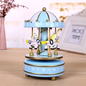 Classic blue and white wind-up carousel music box with hearts, perfect for birthday gift