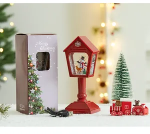 Retro red Christmas snow globe lantern with snowman and festive decor props