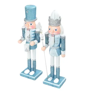 Zweiteiliges Set 30 cm hellblaue Glitzer-Weihnachtsnussknacker Soldaten Figuren aus Holz