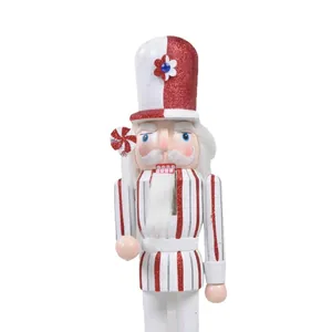 Traditional 38cm wooden Nutcracker soldier Christmas figurine with candy cane theme