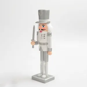 Detailed view of a 30cm silver and white wooden Christmas nutcracker soldier